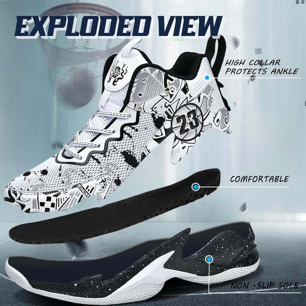 Promenie Mens Basketball Shoes No-Slip Breathable Outdoor Shoes Fashion Graffiti Training Shoes